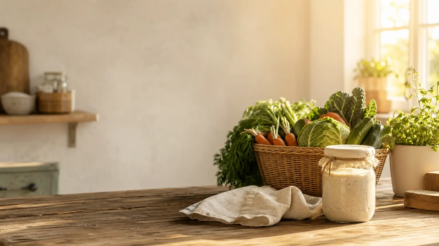 Rustic kitchen counter with a basket of organic vegetables, sourdough starter, and warm sunlight