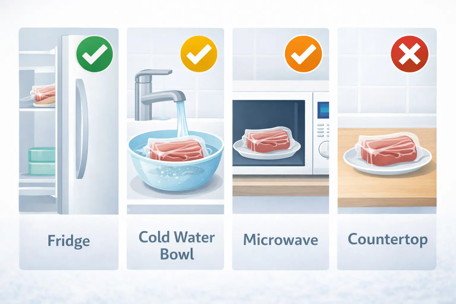 Safety checklist comparing meat thawing methods